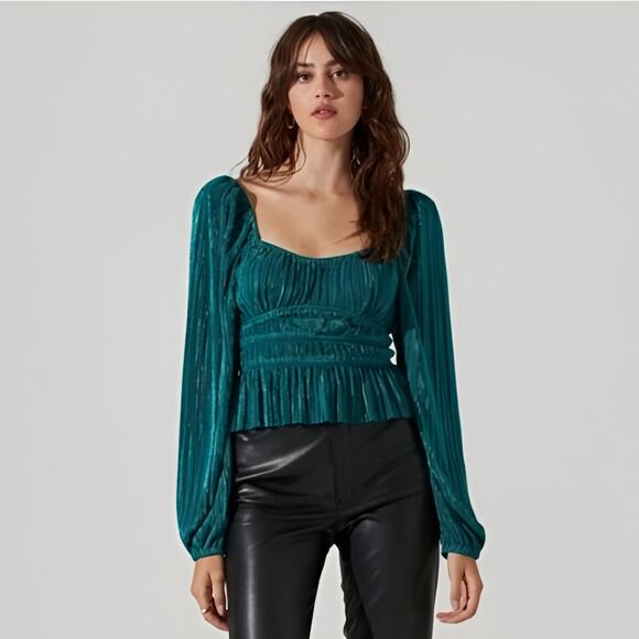 ASTR The Label Ziva Plisse Pleated Balloon Sleeve Peplum Top Deep Teal Size S - Picture 1 of 7